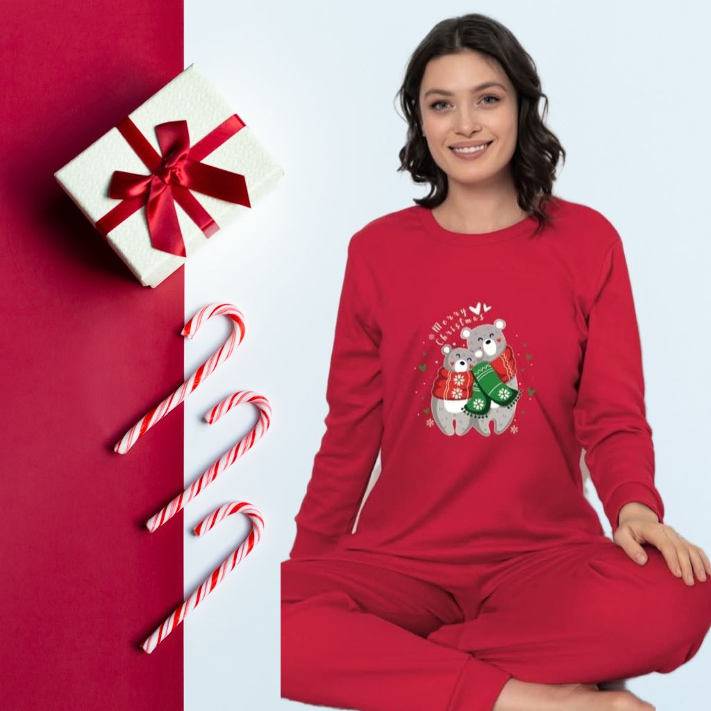 Pijamale de Craciun, Rosii, pt Dama, Merry Christmas Teddy Bear