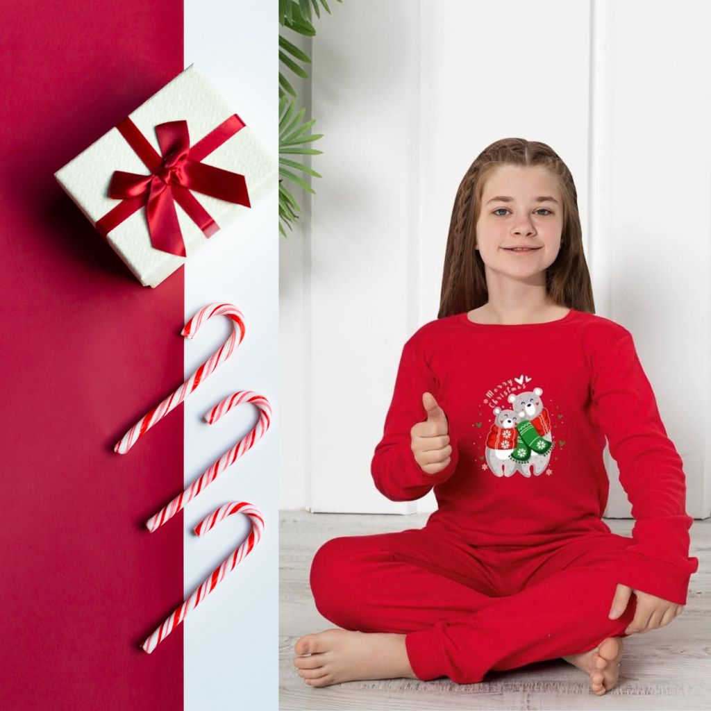 Pijamale de Craciun, Rosii, pt Fetite, Merry Christmas Teddy Bear