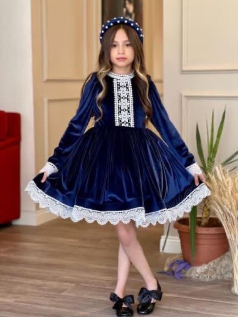 Rochita Fetite de Catifea Albastra cu Dantela Ana