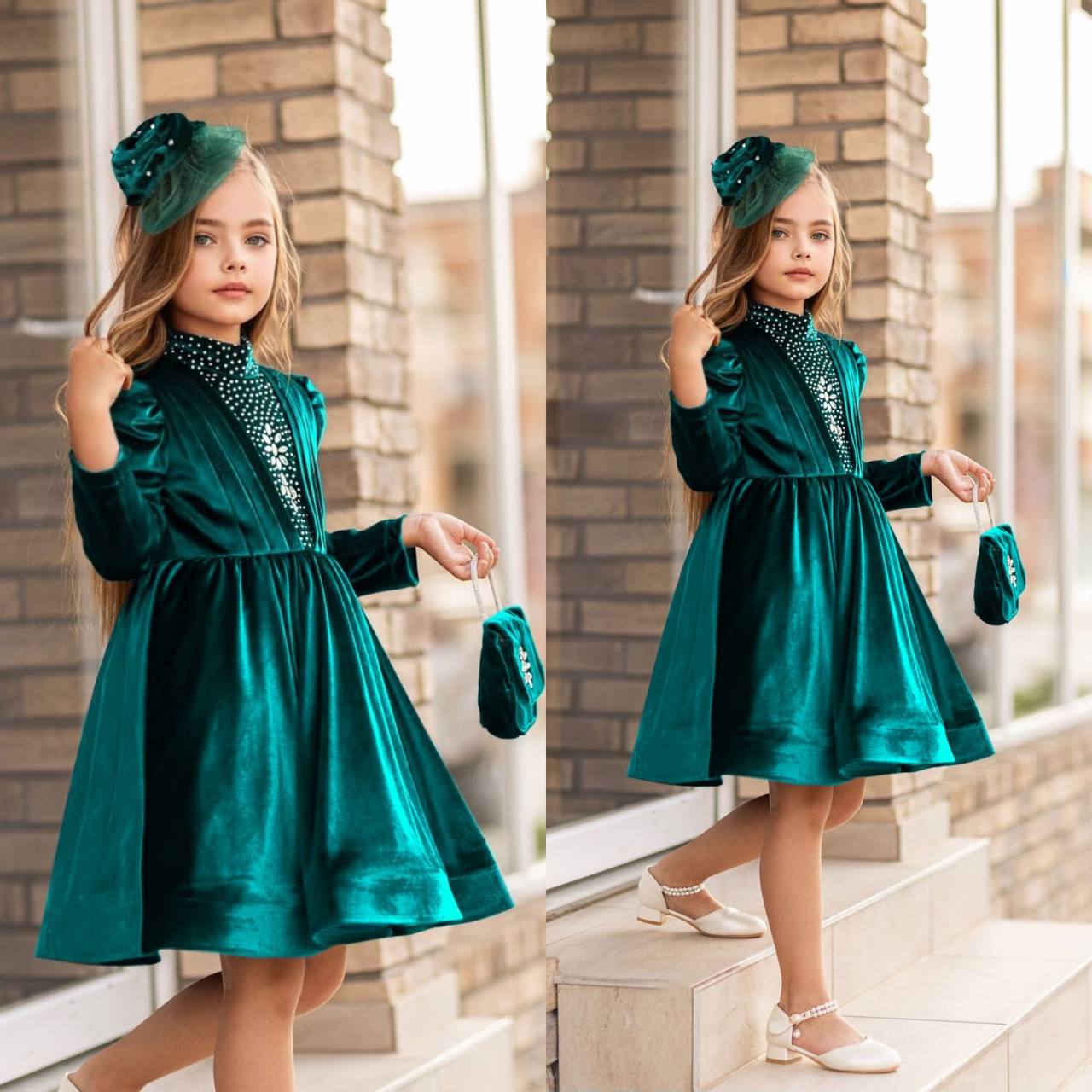 Rochita Fetite de Catifea Verde, cu Strasuri, Ina