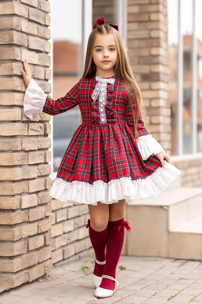 Rochita pentru Fetite, cu Carouri si Fundita Alba, Maisa