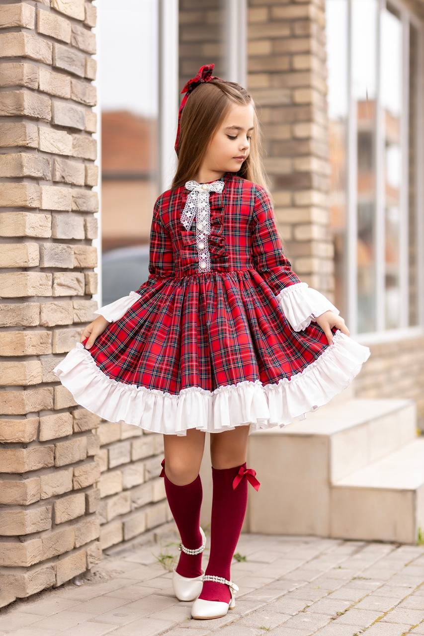 Rochita pentru Fetite, cu Carouri si Fundita Alba, Maisa