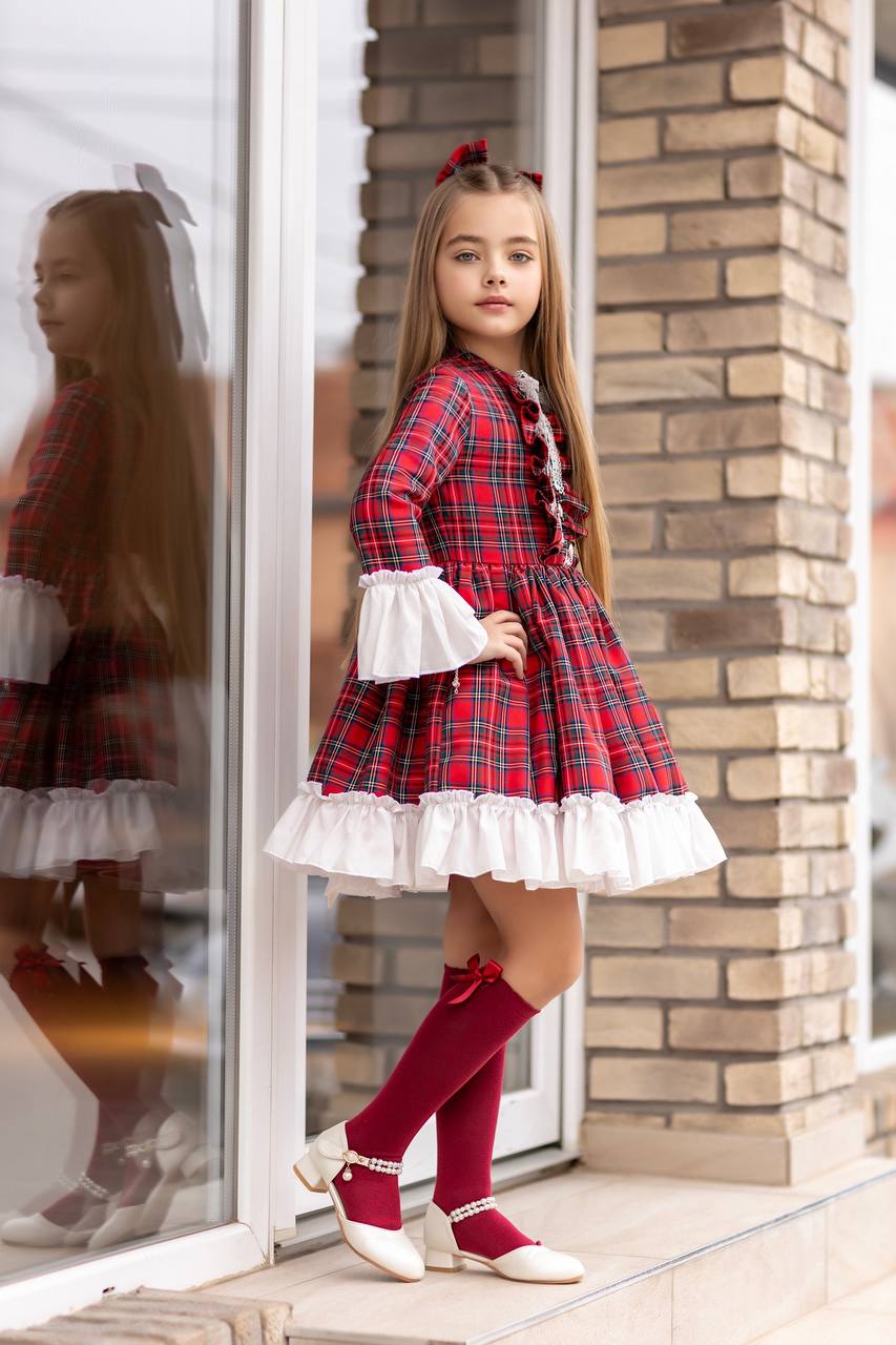 Rochita pentru Fetite, cu Carouri si Fundita Alba, Maisa