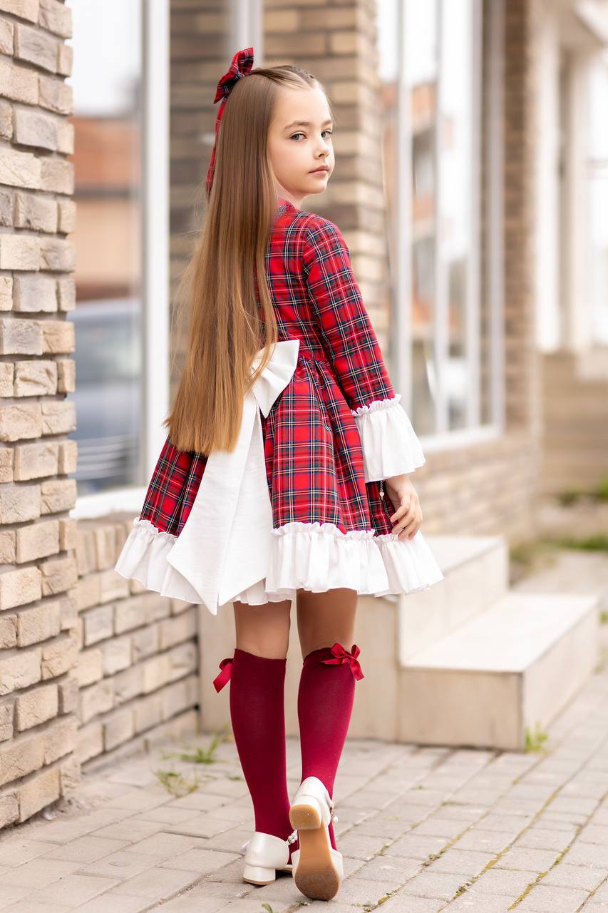 Rochita pentru Fetite, cu Carouri si Fundita Alba, Maisa