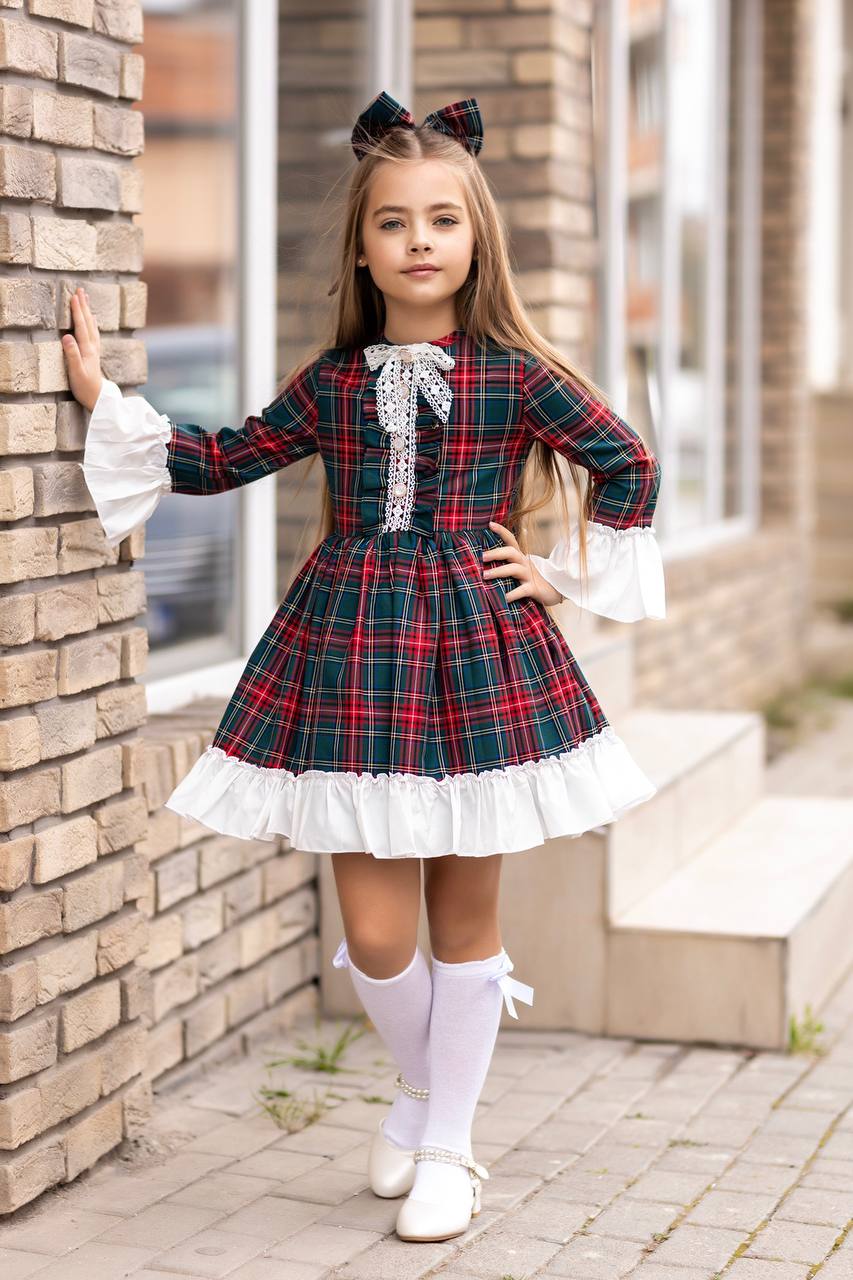 Rochita pentru Fetite, cu Carouri si Fundita Alba, Maisa