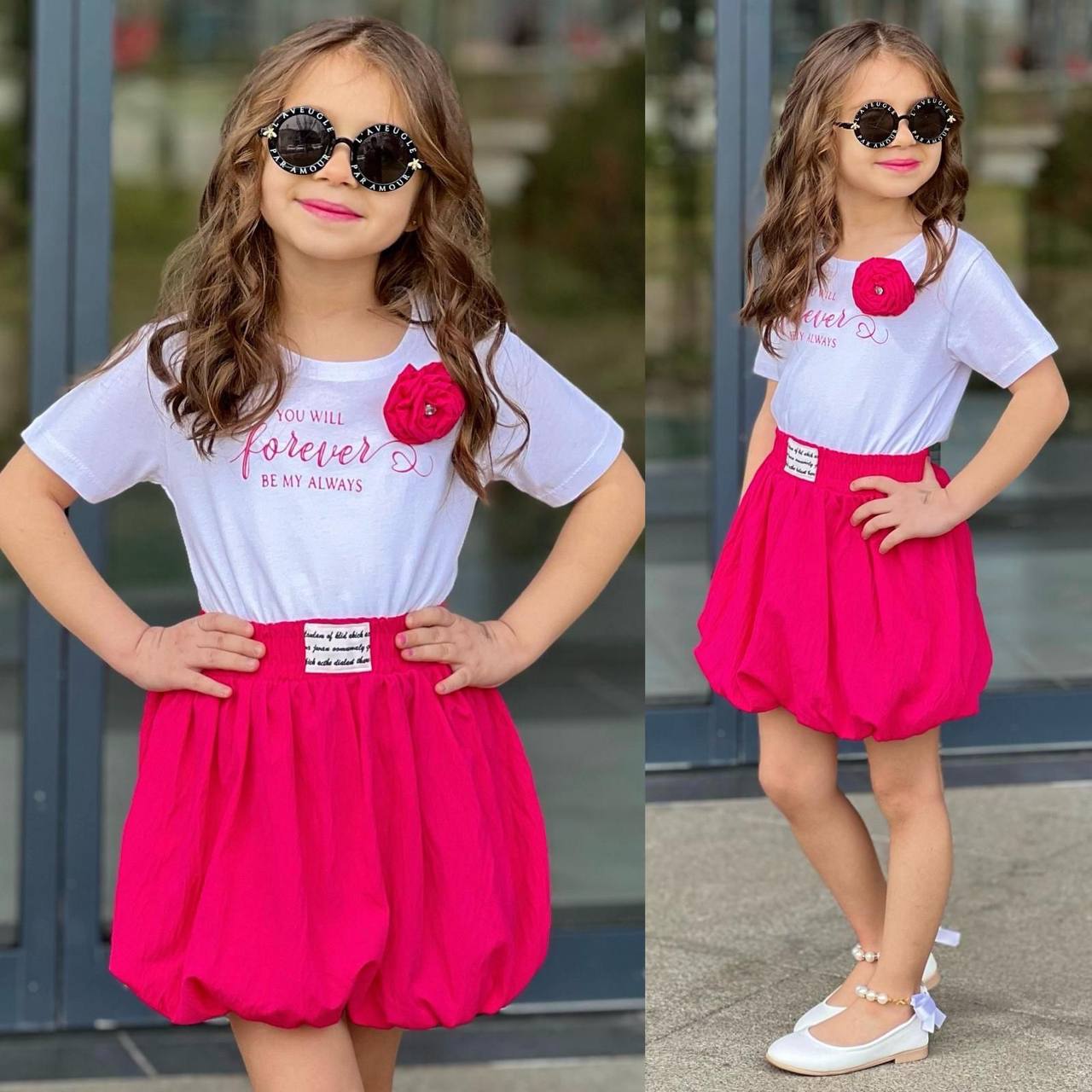 Set 2 piese, pentru fetite, cu Fusta si Tricou, Forever