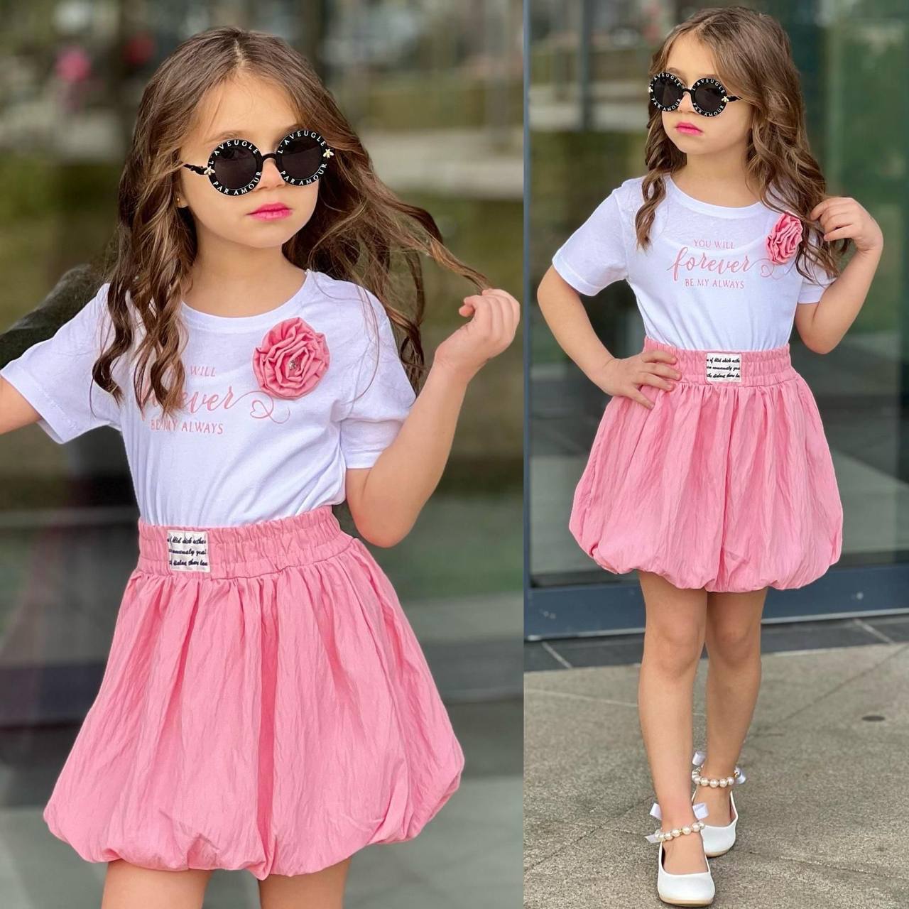 Set 2 piese, pentru fetite, cu Fusta si Tricou, Forever