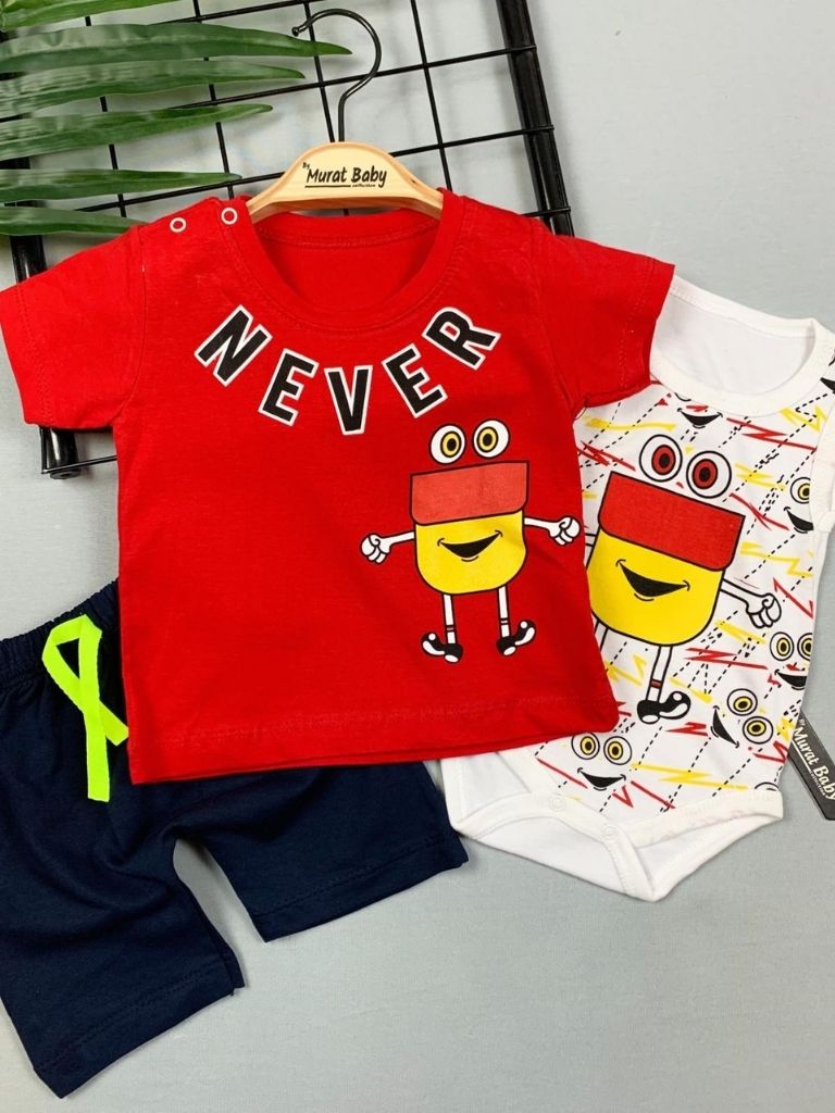 Set 3 piese rosu pentru baieti cu pantaloni scurti Never