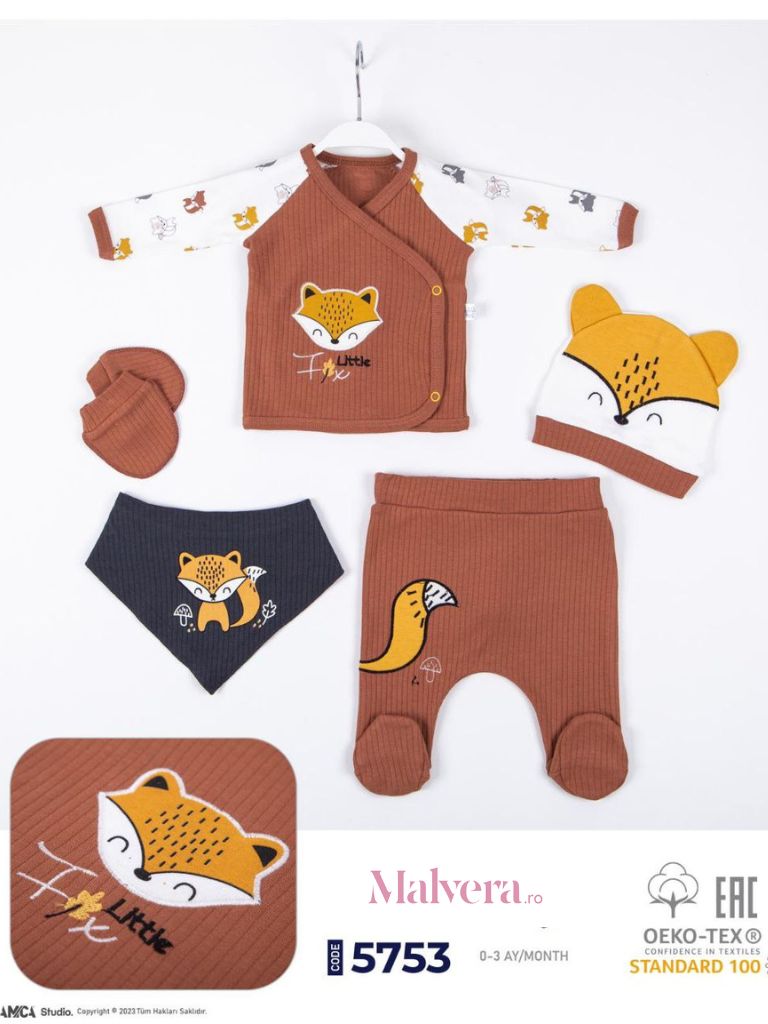 Set 5 Piese, din Bumbac Eco, pentru Nou Nascuti, Little Fox
