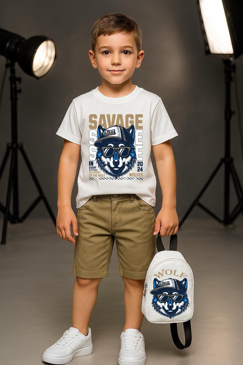 Set Tricou cu Pantaloni Scurti si Rucsacel pentru Baieti Savage Wolf