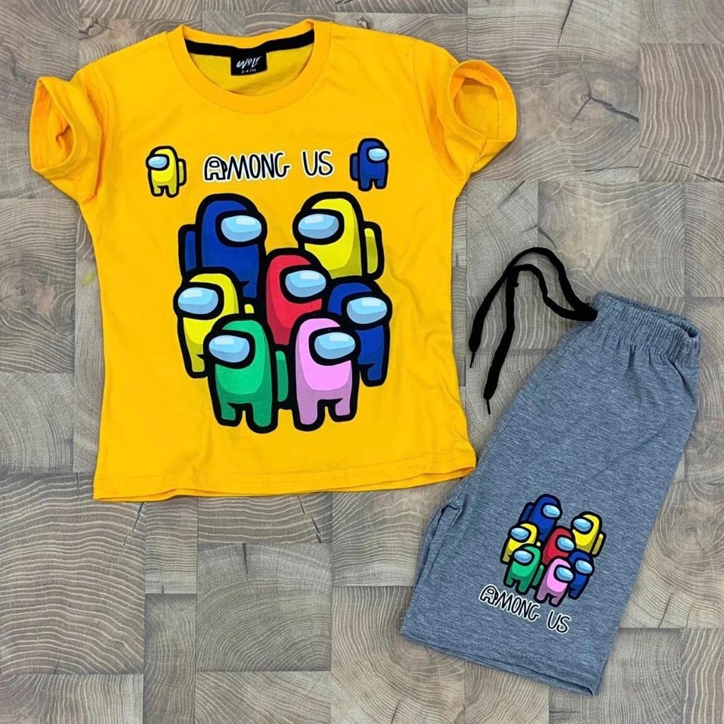 Set 2 piese Among Us cu tricou albastru si pantaloni scurti gri