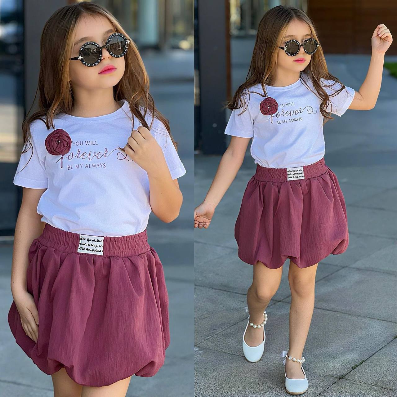 Set 2 piese, pentru fetite, cu Fusta si Tricou, Forever