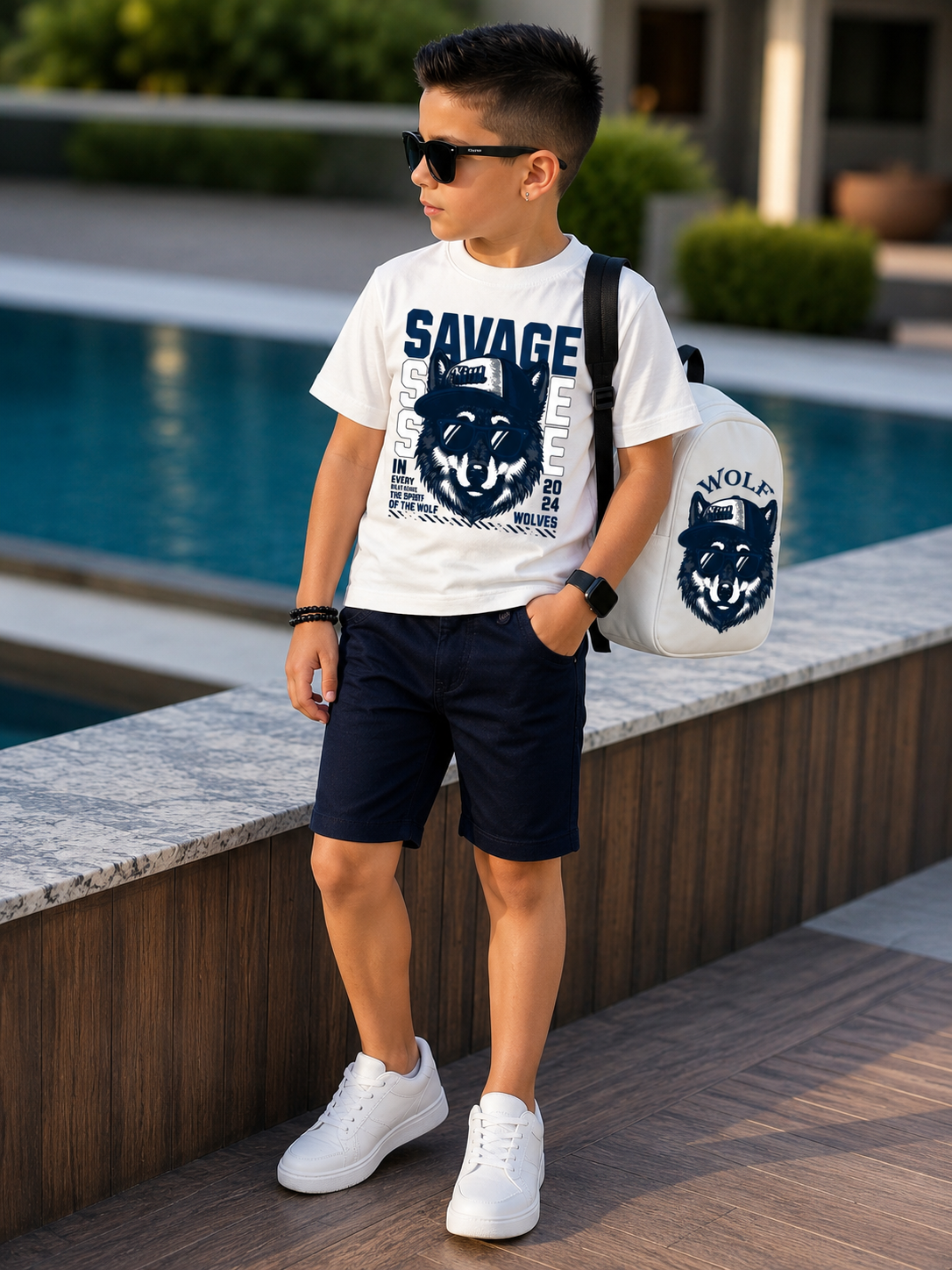 Set Tricou cu Pantaloni Scurti si Rucsacel pentru Baieti Savage Wolf