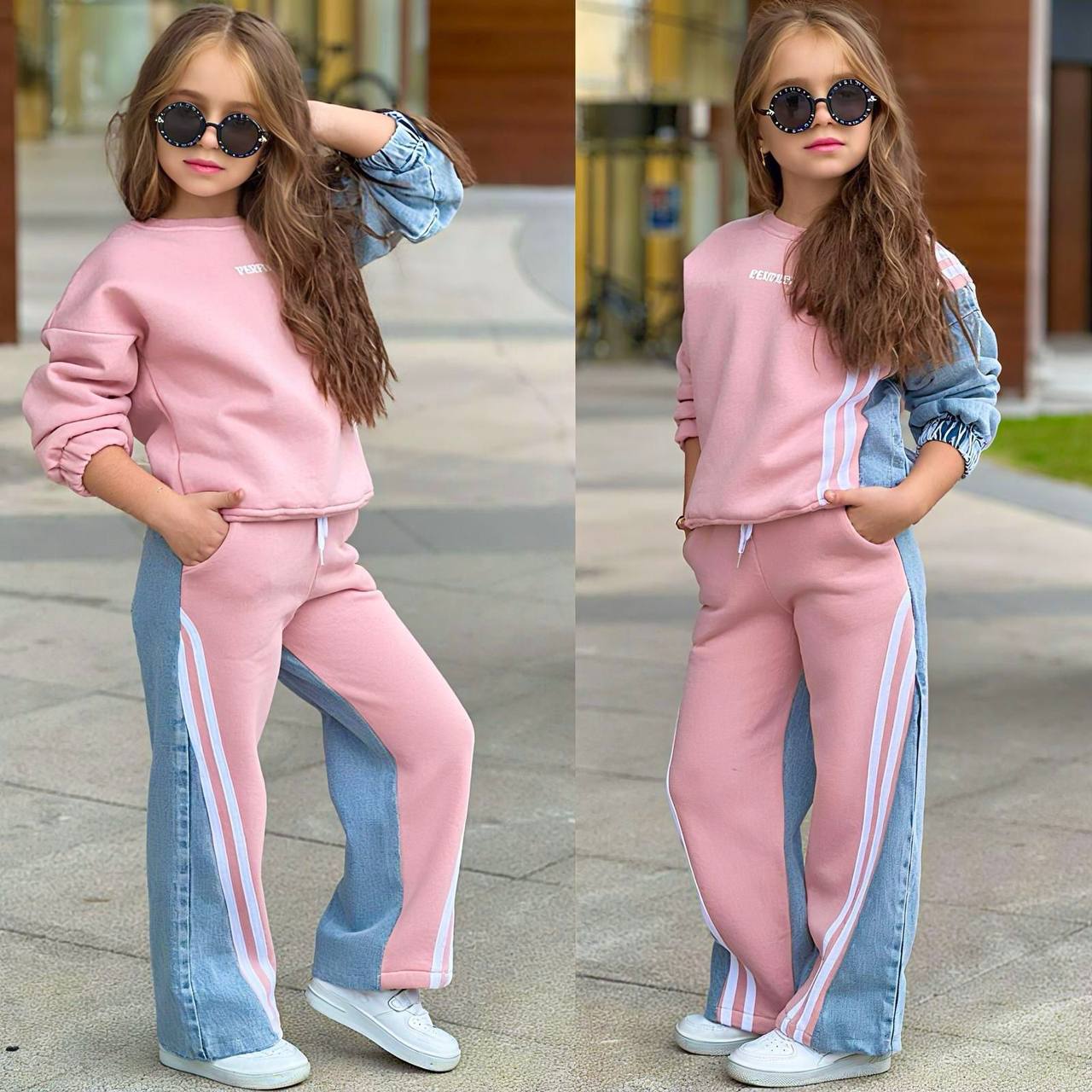 Trening Vatuit pentru Fetite, 2 piese, din Bumbac si Denim, Perfect