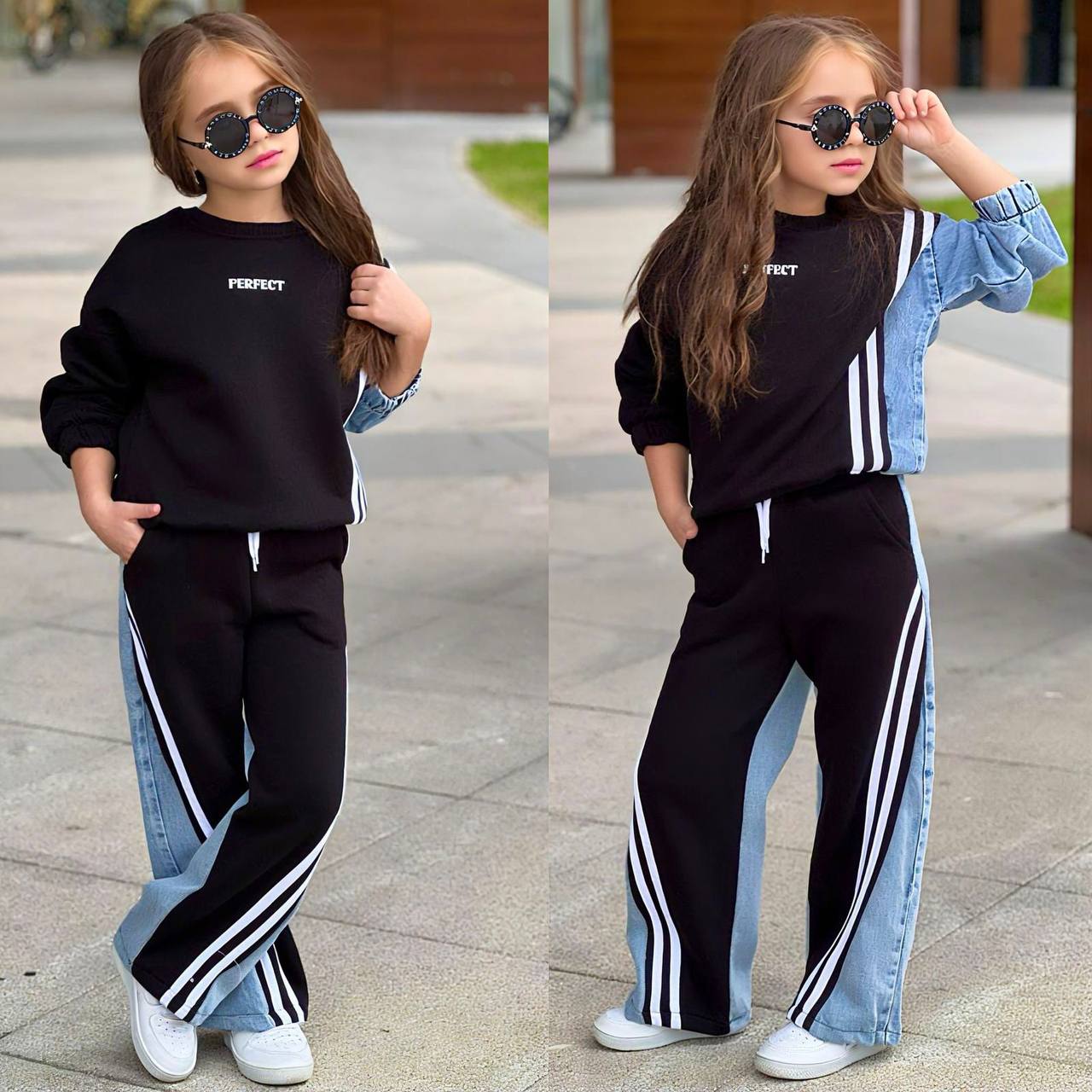 Trening Vatuit pentru Fetite, 2 piese, din Bumbac si Denim, Perfect