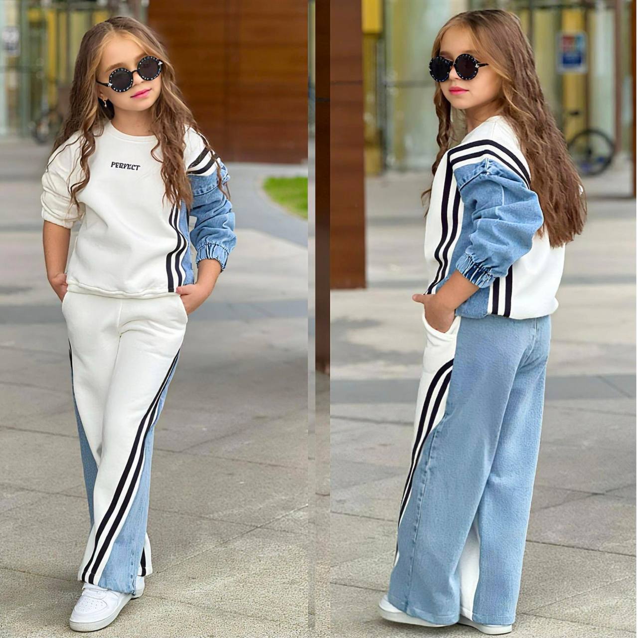 Trening Vatuit pentru Fetite, 2 piese, din Bumbac si Denim, Perfect