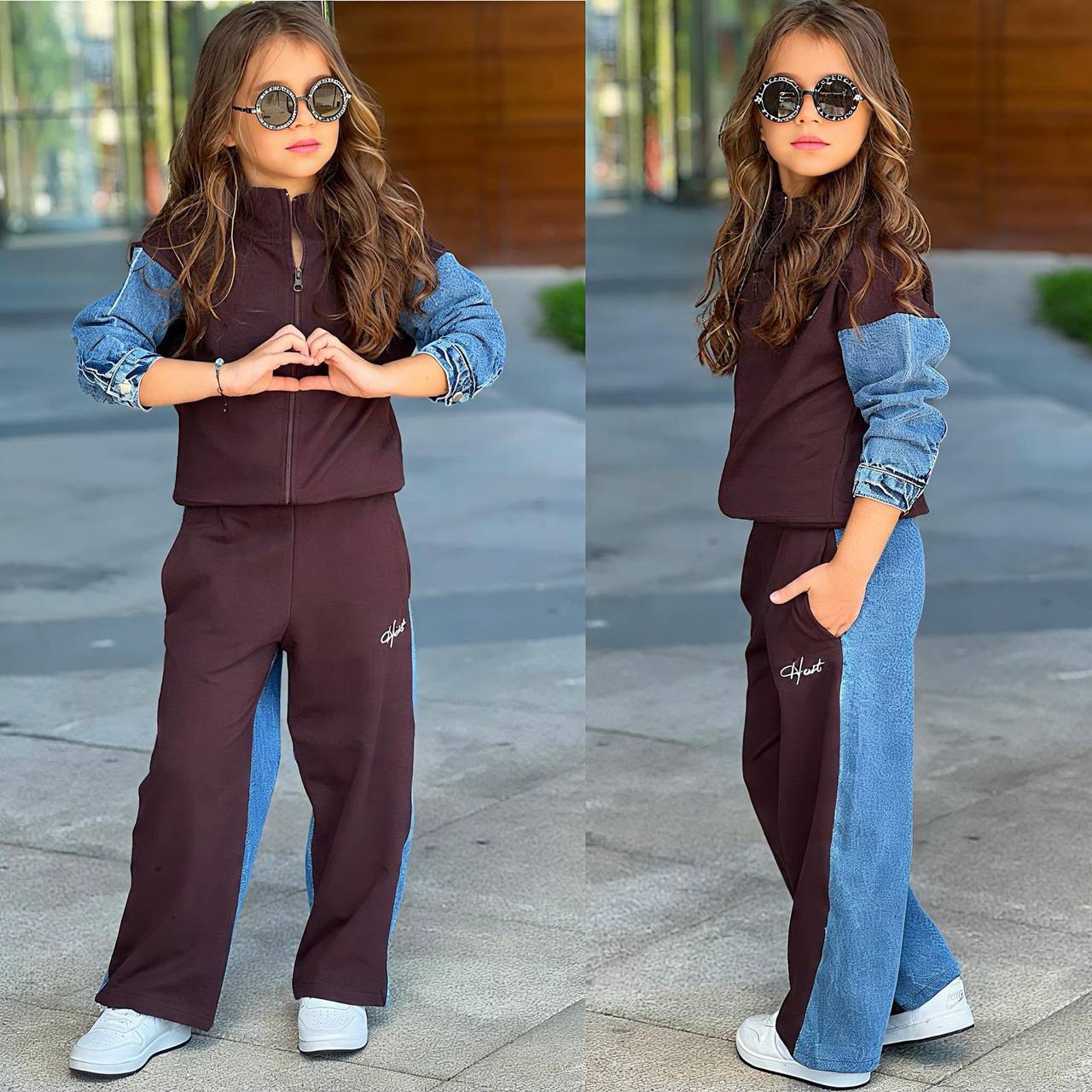 Trening pentru Fetite, 2 piese, din Bumbac si Denim, cu Fermoar, Heart