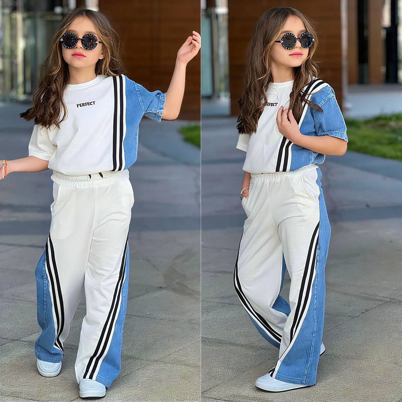 Trening pentru Fetite, cu maneca scurta, din Bumbac si Denim, Perfect