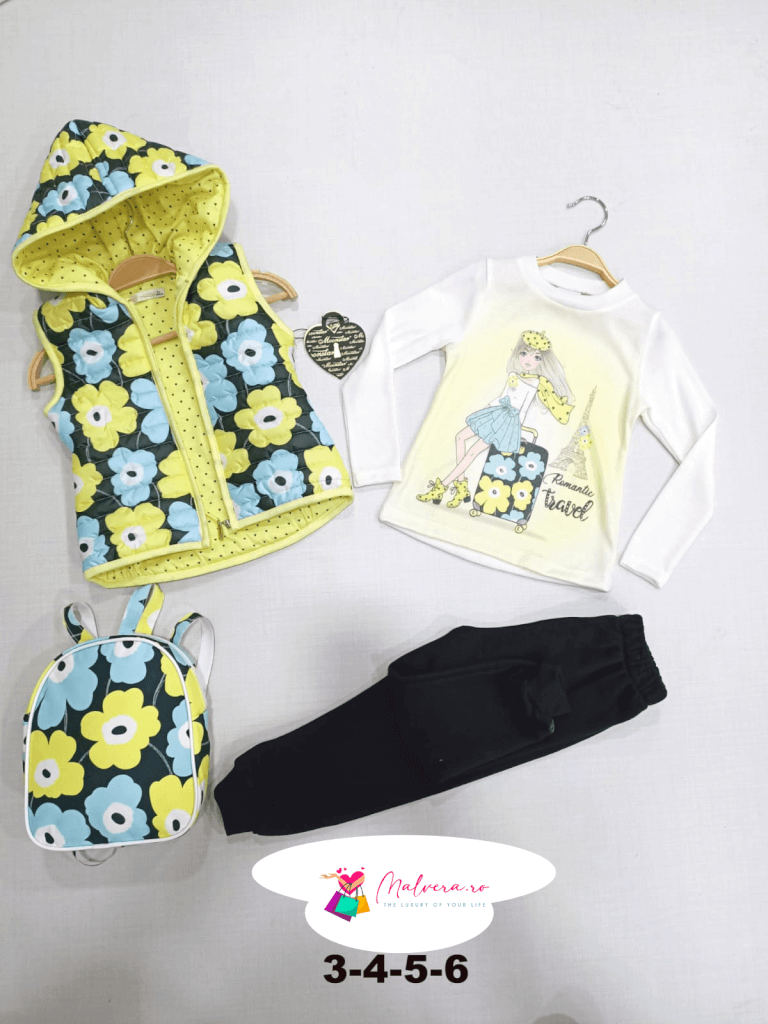 Set trening 3 piese (bluza, pantalon si vestuta) cu ghiozdanel asortat