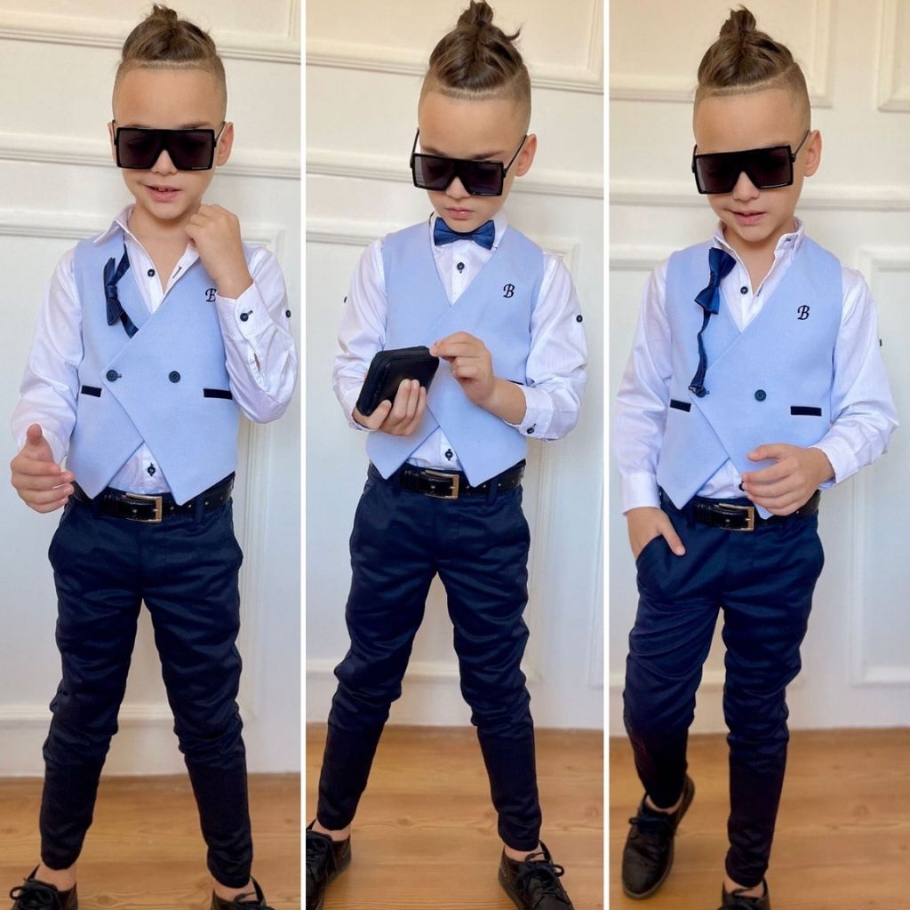 Costum elegant cu vesta albastra pentru baieti New