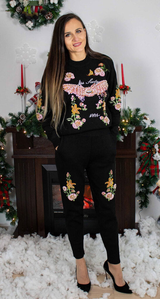 Set negru de dama cu imprimeu colorat