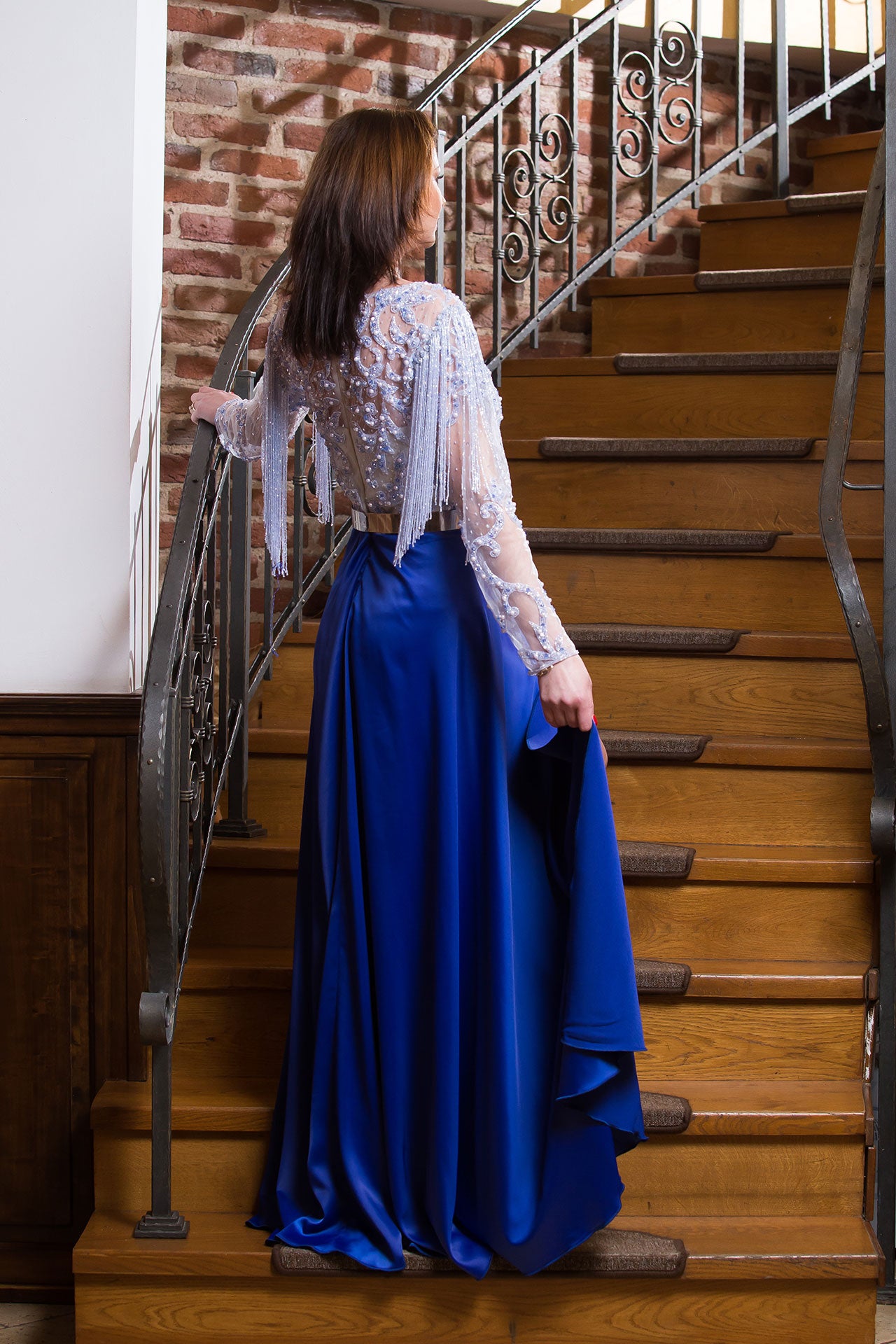 Rochita lunga Malvera Luxury, eleganta, cu franjuri de sticla, albastra