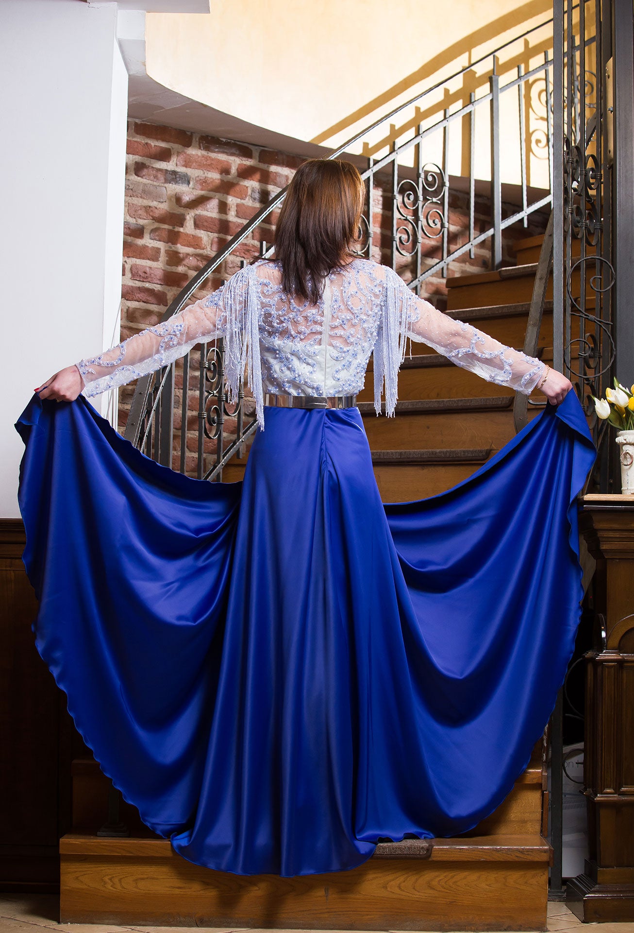 Rochita lunga Malvera Luxury, eleganta, cu franjuri de sticla, albastra