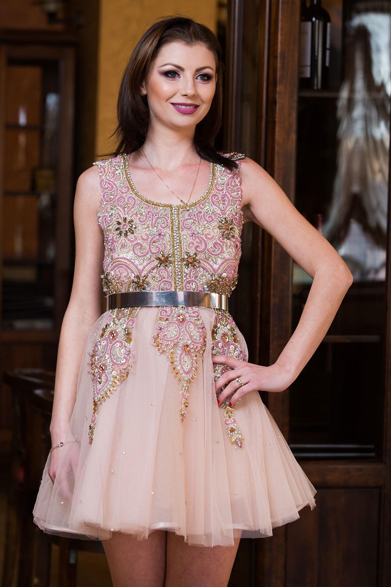 Rochiță de ocazie Malvera Luxury roz cu aplicații