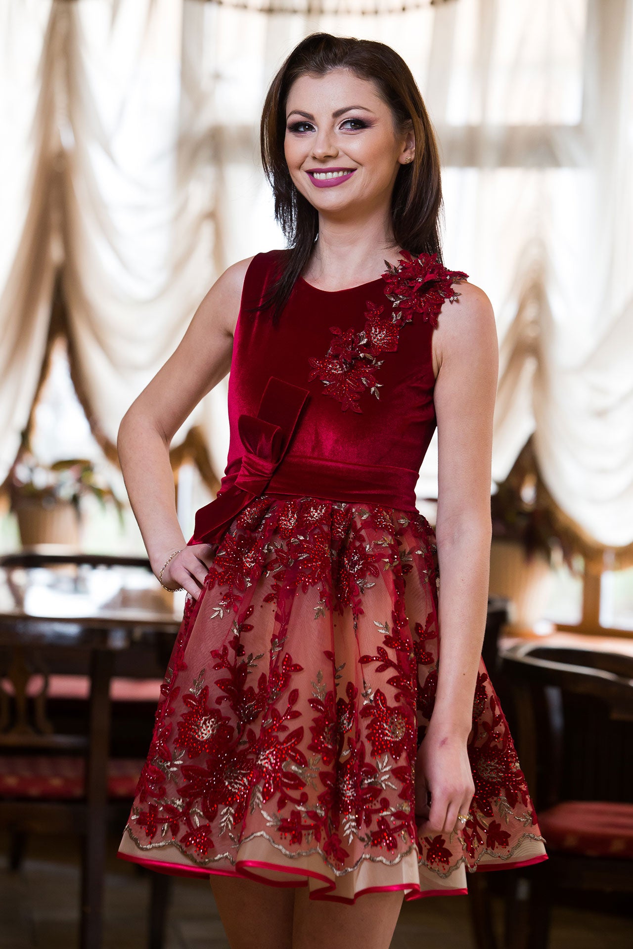Rochie unicat Malvera Luxury dantelă vișinie