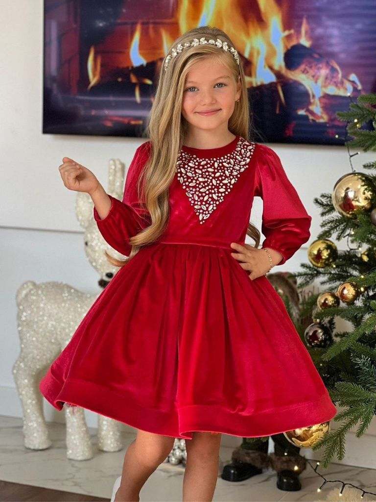 Rochita rosie de catifea pentru fetite Maria