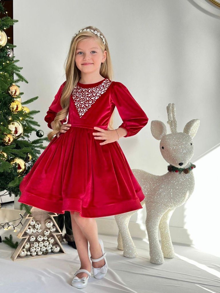 Rochita rosie de catifea pentru fetite Maria