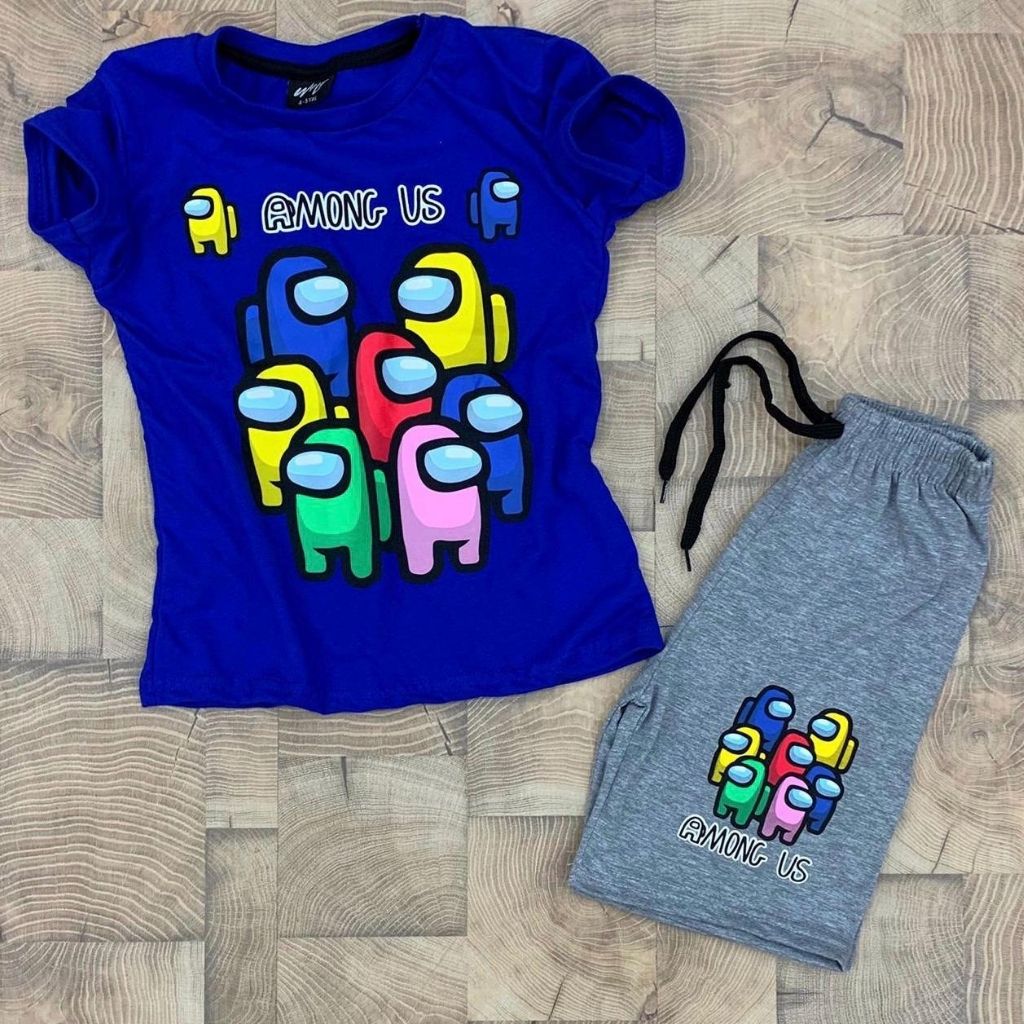 Set 2 piese Among Us cu tricou albastru si pantaloni scurti gri