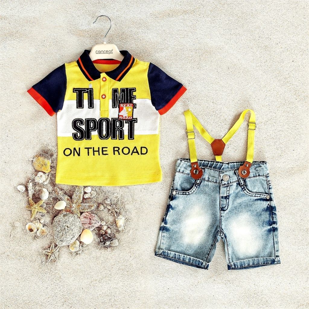 Set 2 piese baieti tricou cu pantaloni scurti de blugi cu bretele TIME SPORT