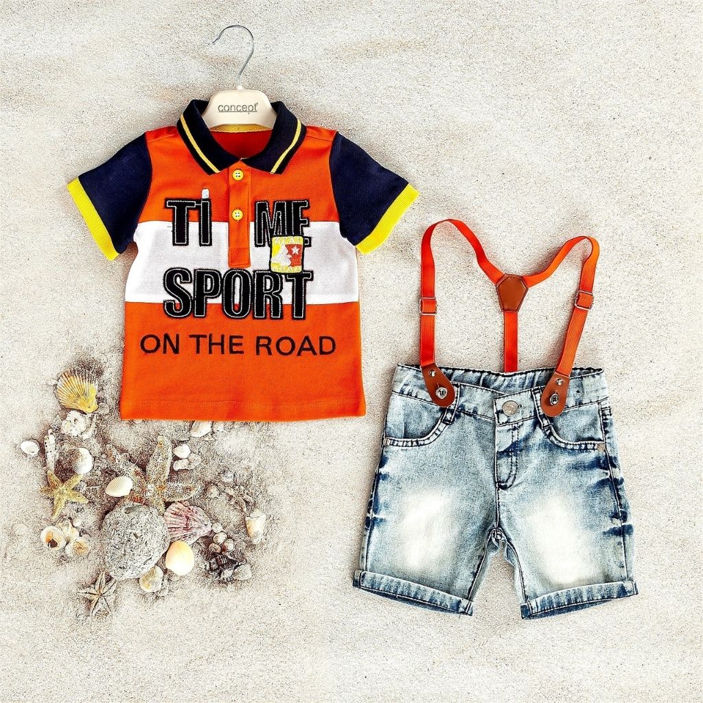 Set 2 piese baieti tricou cu pantaloni scurti de blugi cu bretele TIME SPORT