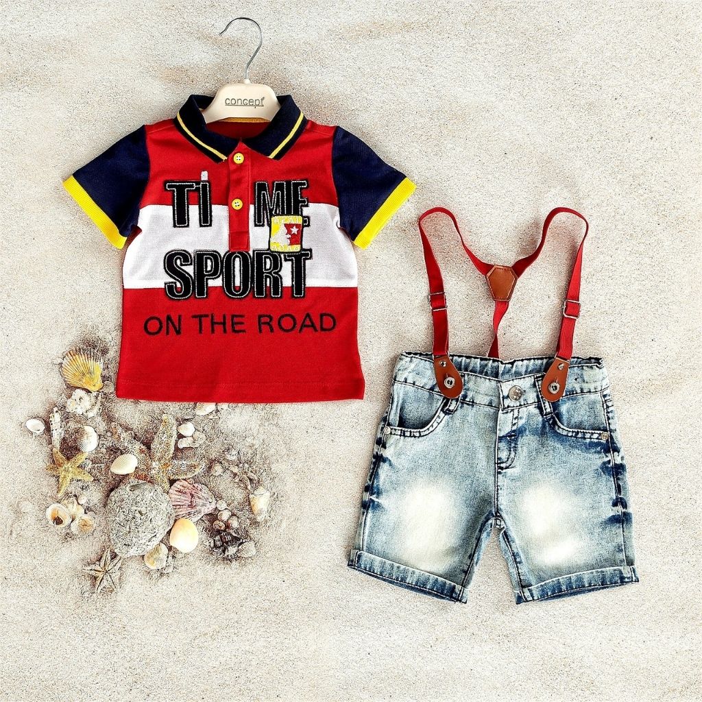 Set 2 piese baieti tricou cu pantaloni scurti de blugi cu bretele TIME SPORT