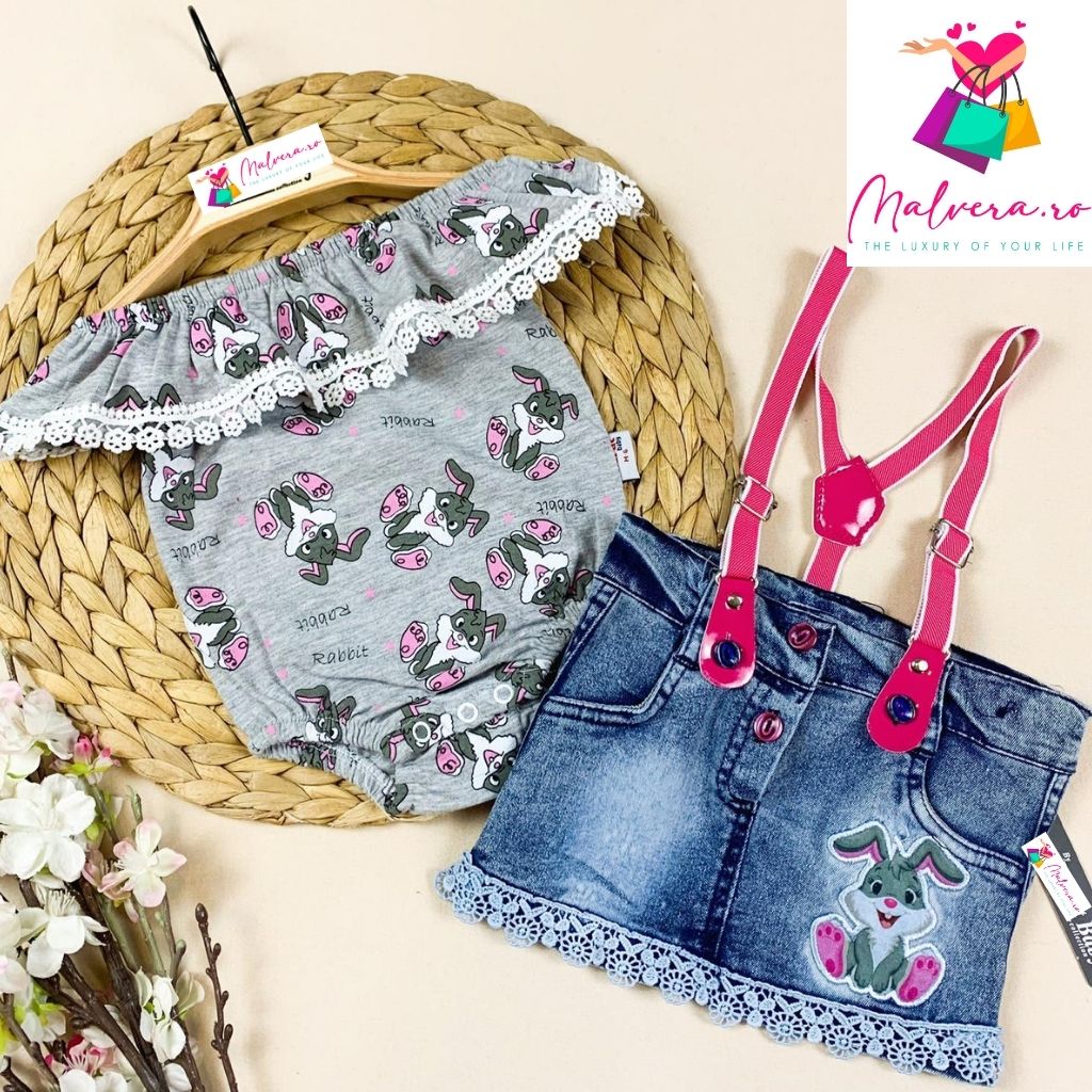 Set 2 piese fetite cu bluzita si fusta blugi cu bretele roz