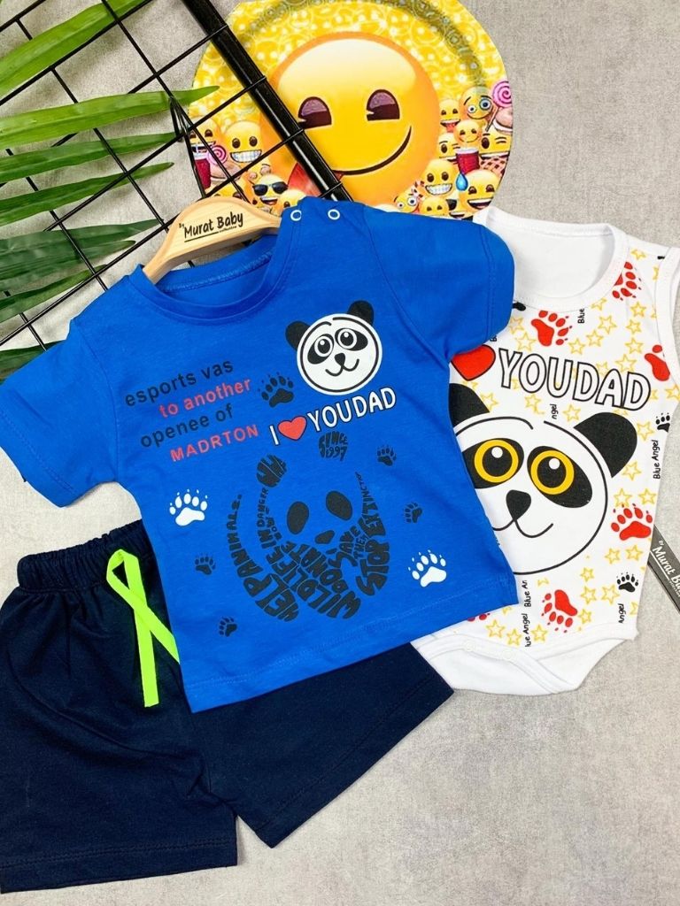 Set 3 piese albastru pentru baieti cu pantaloni scurti I love you Dad
