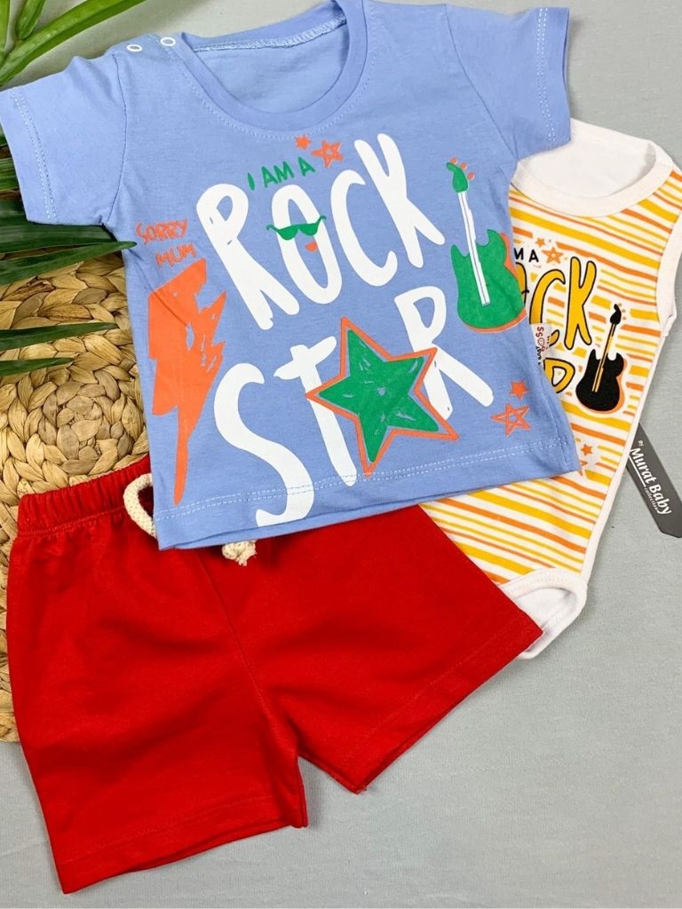 Set 3 piese albastru pentru baieti cu pantaloni scurti Rock Star