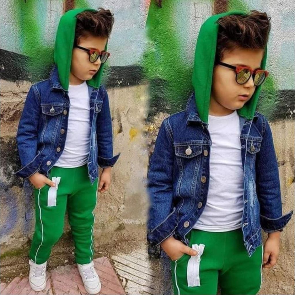 Set 3 piese baieti cu geaca de blugi si pantaloni verzi