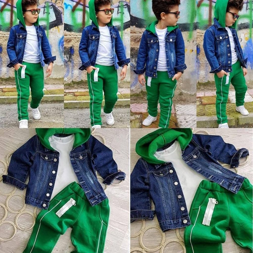 Set 3 piese baieti cu geaca de blugi si pantaloni verzi