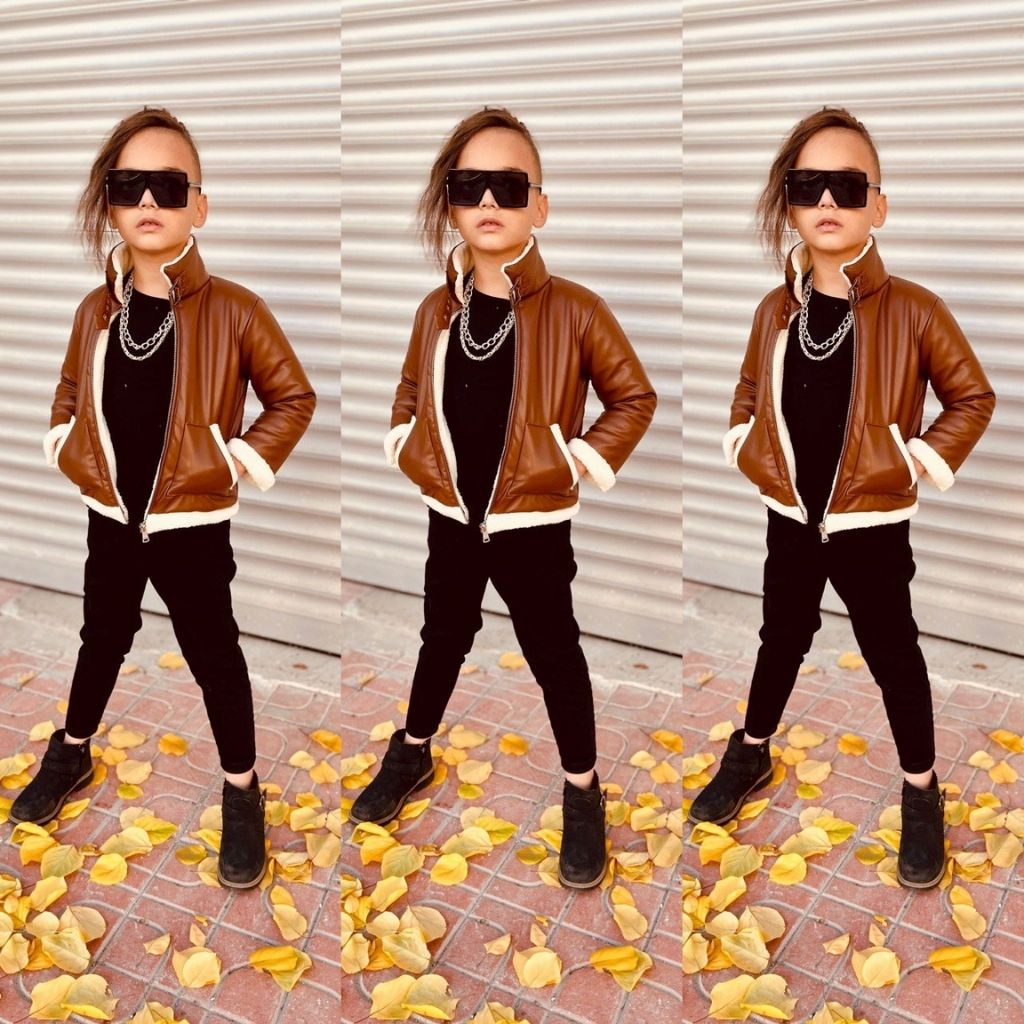 Set 3 piese baieti cu geaca de piele imblanita maro