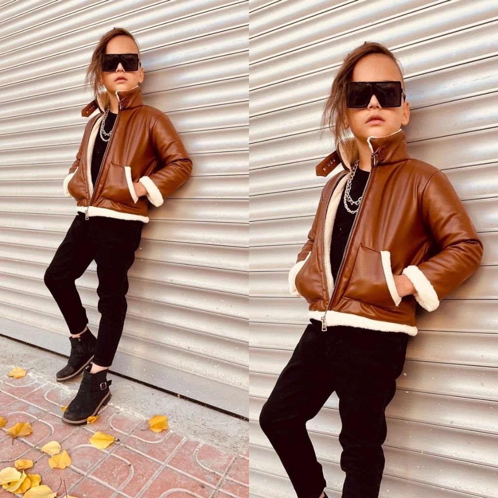 Set 3 piese baieti cu geaca de piele imblanita maro