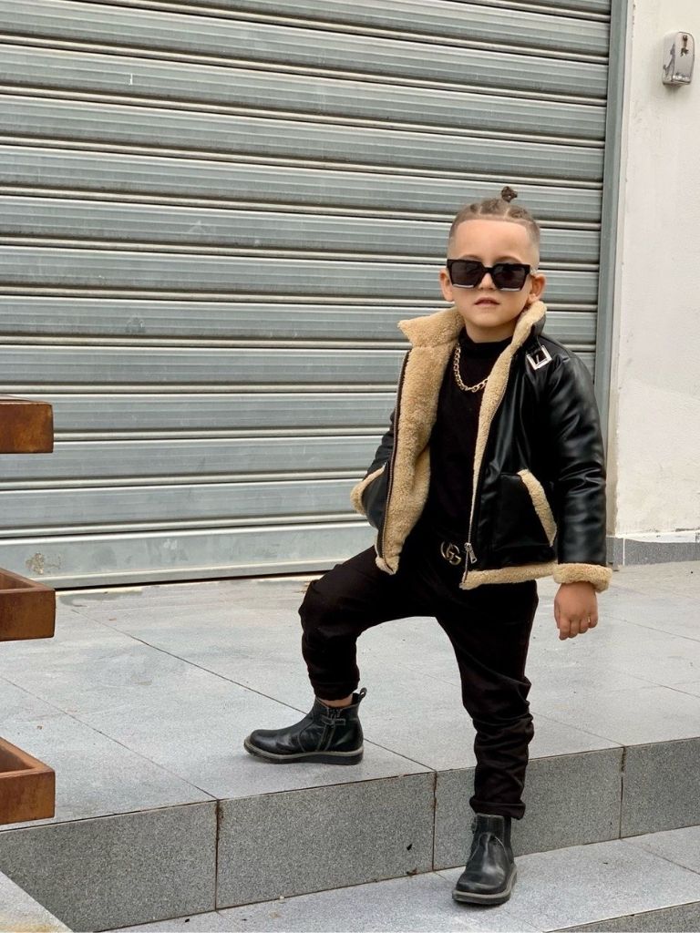 Set 3 piese baieti cu geaca de piele imblanita neagra