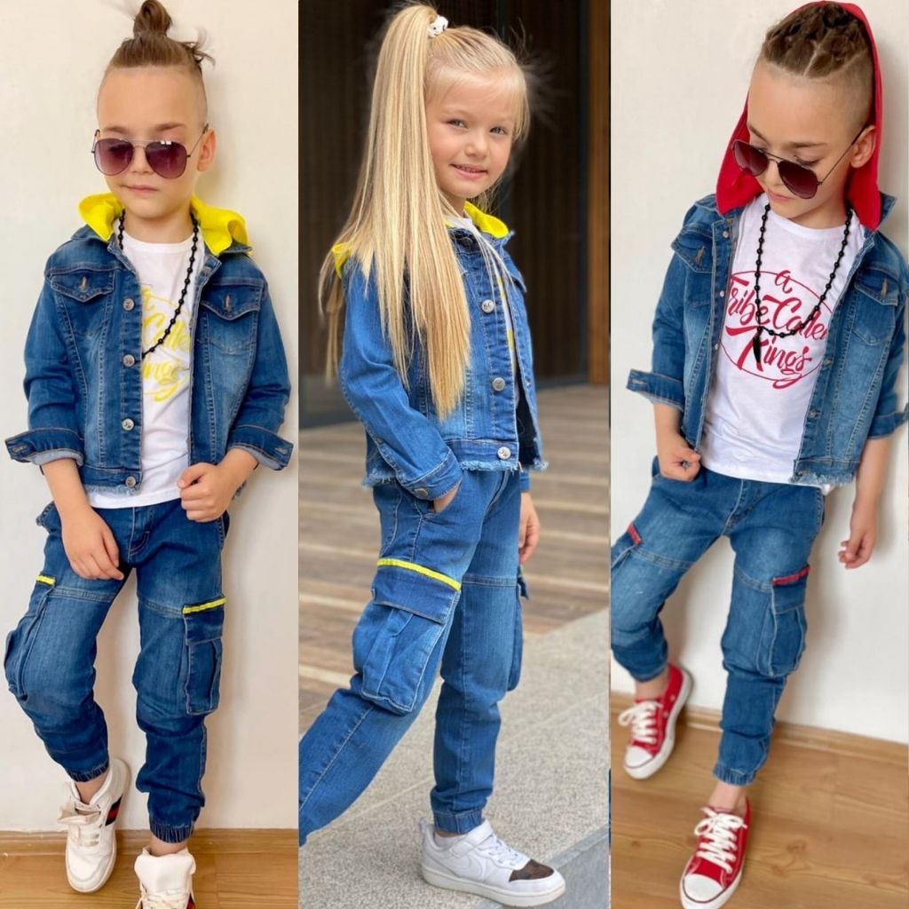 Set 3 Piese Blugi cu Geaca Colorata pentru Baieti sau Fete