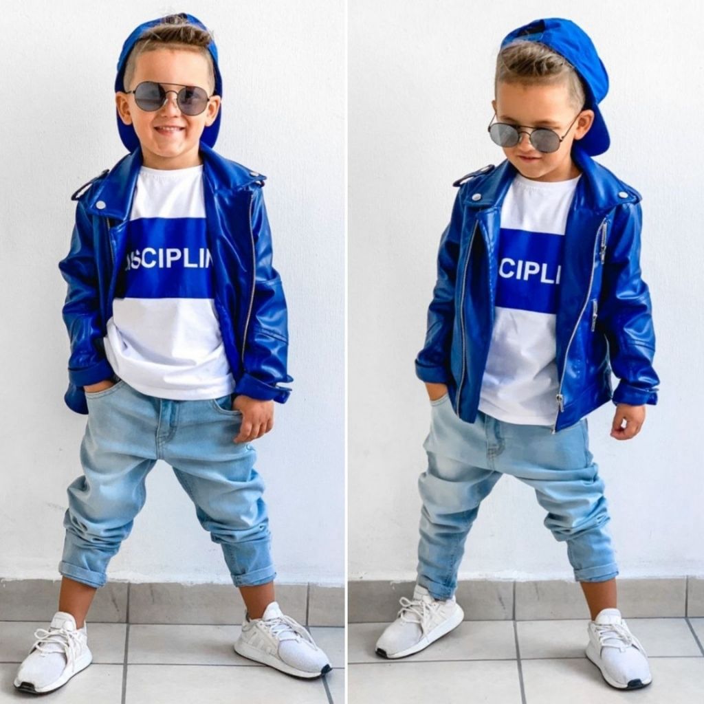 Set 3 piese cu blugi si geaca de piele albastra Discipline