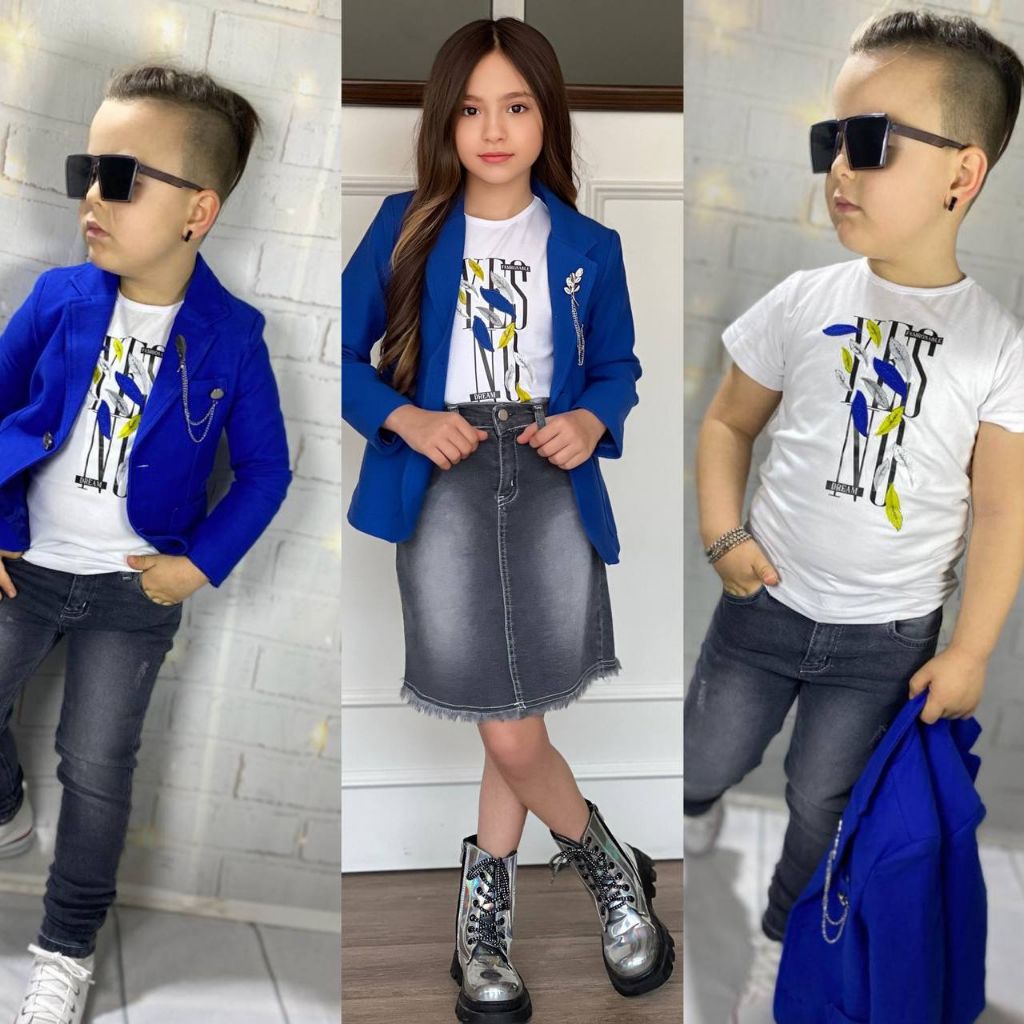 Set 3 Piese Fetite Sis cu Sacou Albastru
