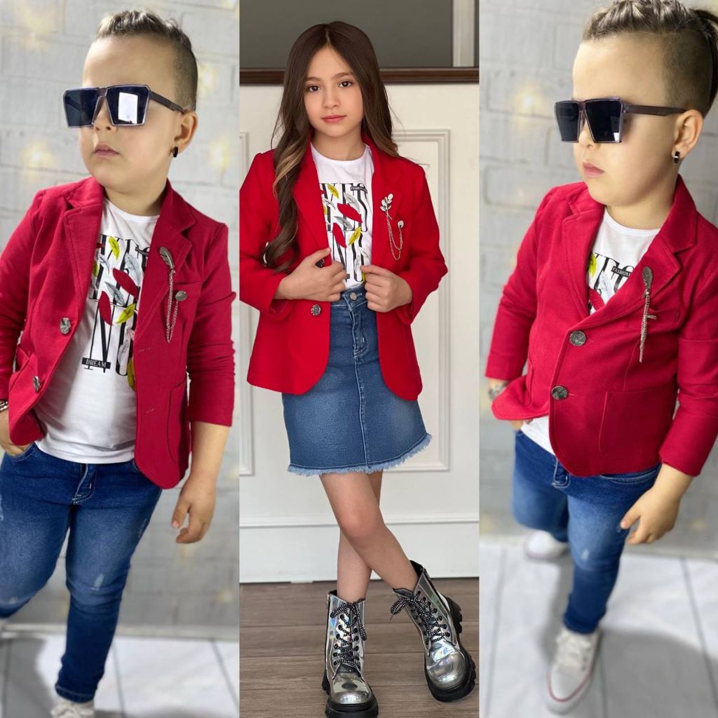 Set 3 Piese Fetite Sis cu Sacou Rosu