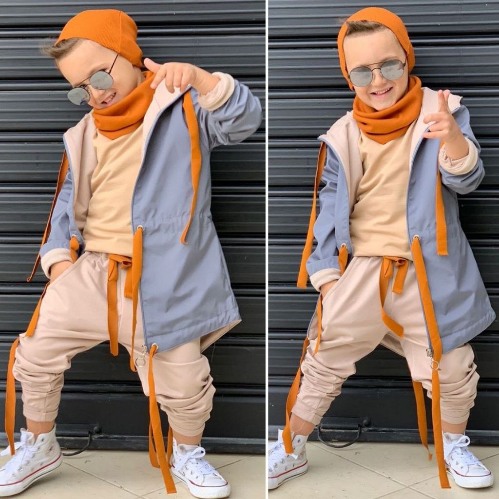 Set 5 Piese Baieti cu Caciula si Guler Portocaliu