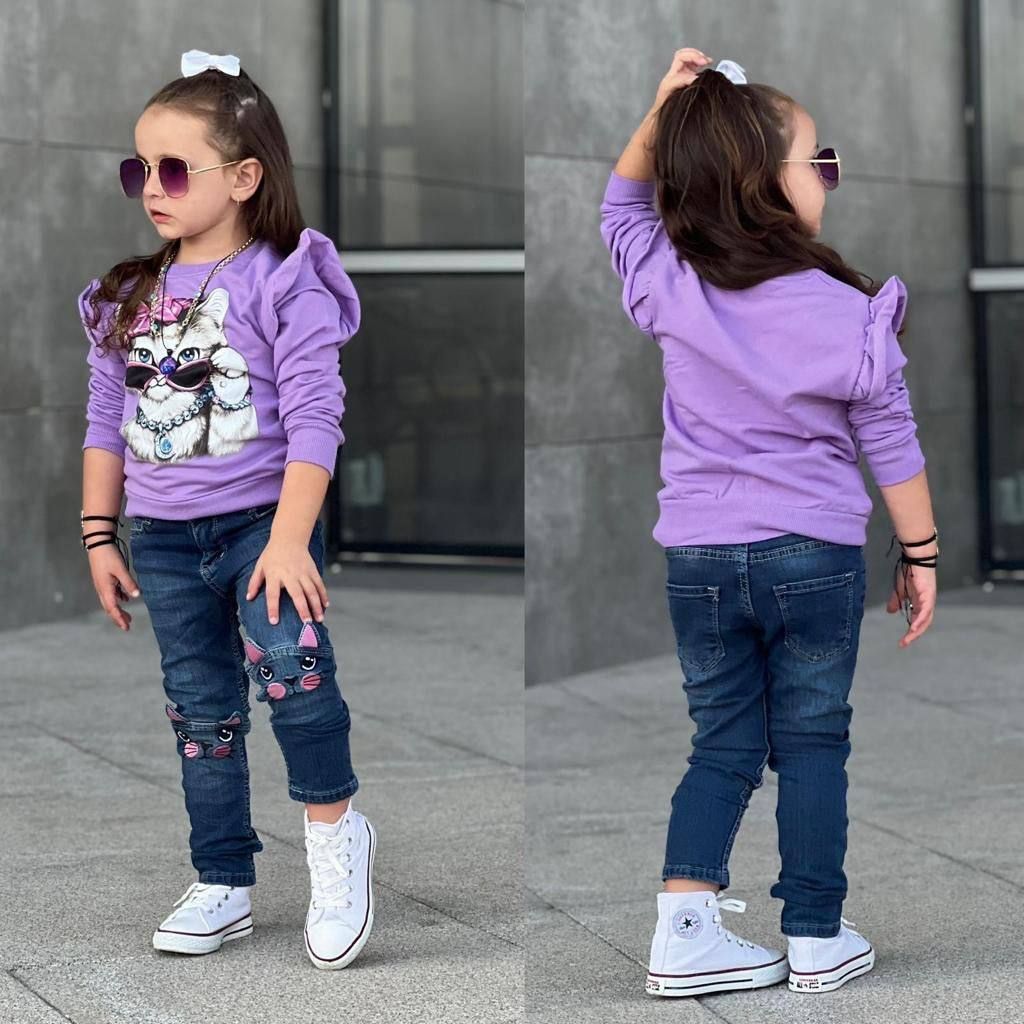 Set Blugi cu Tricou cu Maneca Lunga cu Pisicuta Medeea