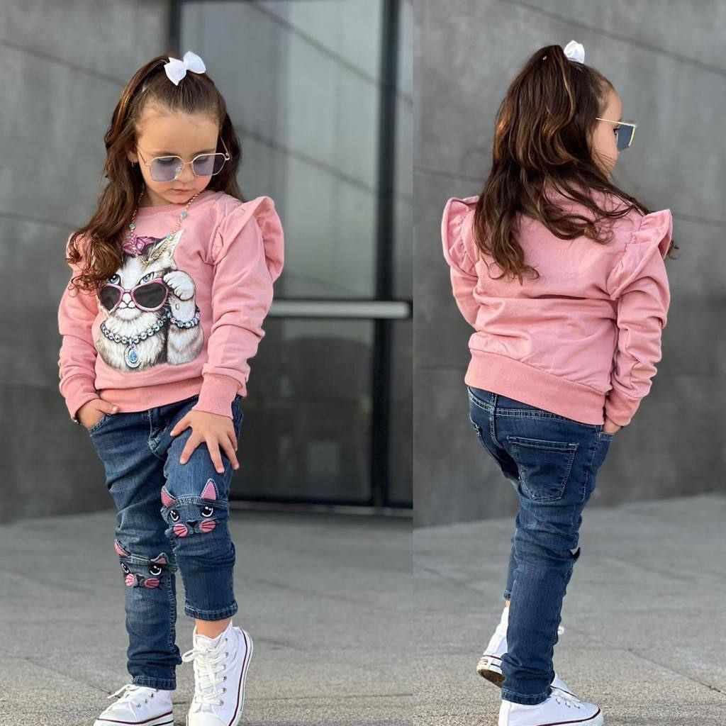 Set Blugi cu Tricou cu Maneca Lunga cu Pisicuta Medeea